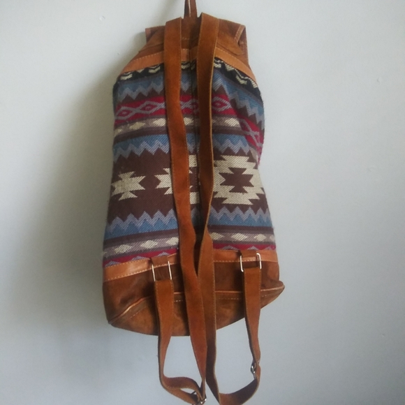Southwestern Backpack Brown Leather Suede Aztec Fabric Drawstring Bucket Bag - Picture 6 of 7